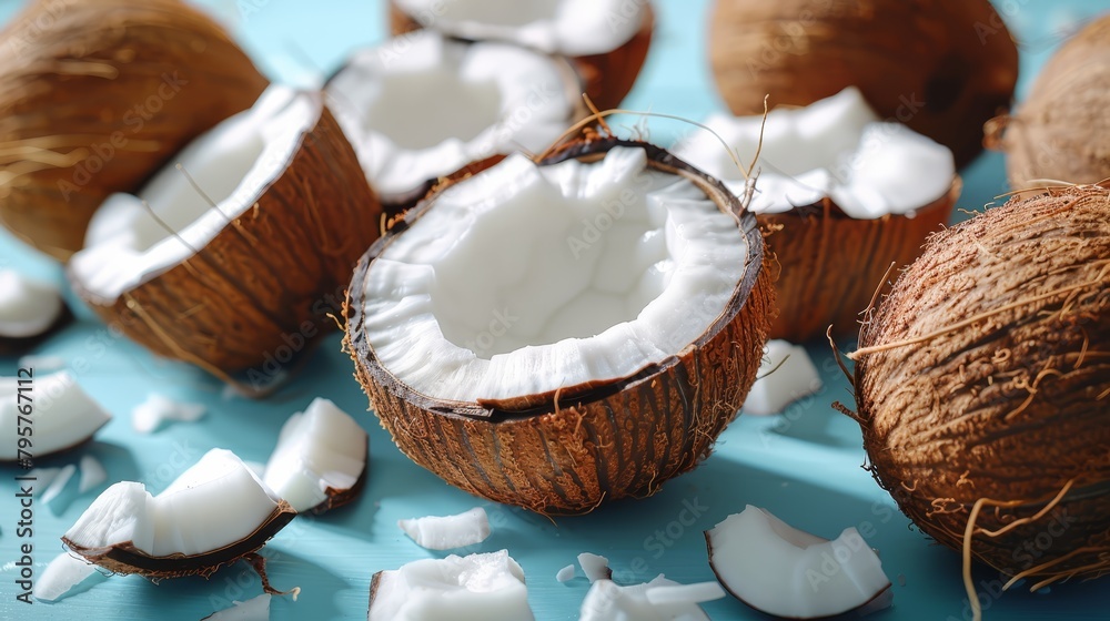 A tight shot of arranged coconuts on a table Some are split in half, while others are scattered haphazardly among them A tight shot of arranged coconuts on a table Some are split in half, while others are scattered haphazardly among them