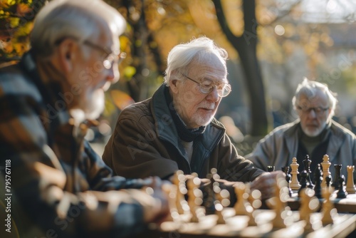 Two senior men engrossed in a game of chess outdoors, with a crisp fall backdrop and a third observing. Ideal for themes of retirement, leisure, and friendship.