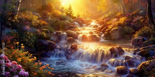 A Waterfall Cascades Through a Vibrant Forest Bathed in Sunlight, Crafting a Scene of Pure Serenity and Harmony, Generative AI © Ben