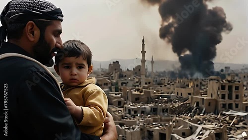Muslim man holding his scared child in his arms, gazing at the devastation of their Middle Eastern city ravaged by war, highlighting the human toll and emotional turmoil  photo