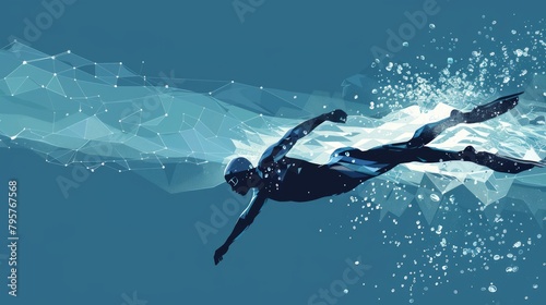 Professional Swimmer in a Digital Waterworld, Surging Forward with Networked Polygons and Bubbles, background