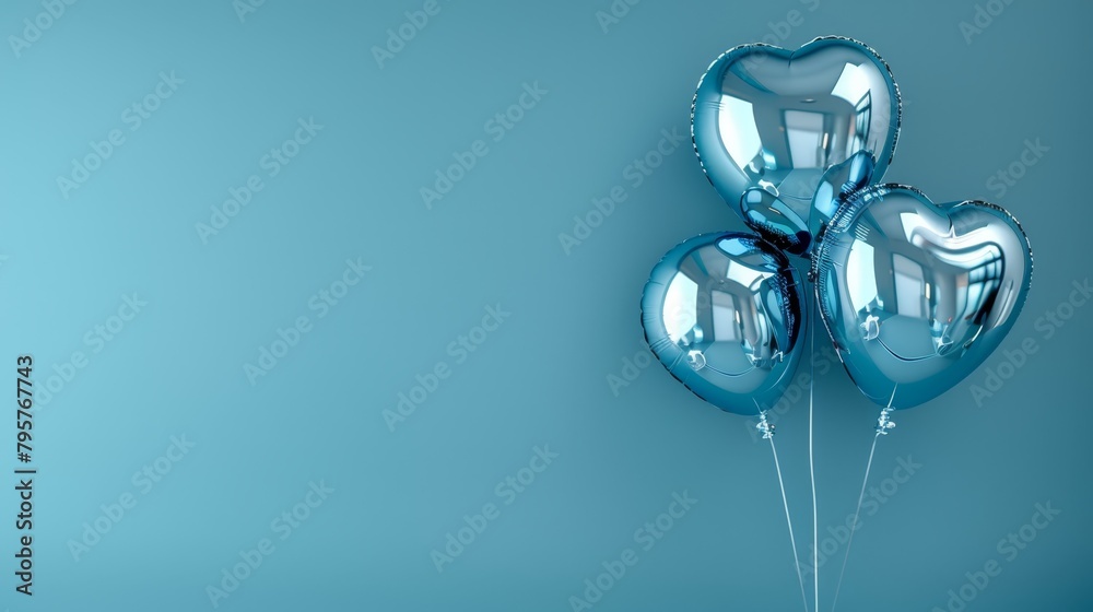 A selection of radiant blue balloons ascending against a backdrop of unblemished sky-blue, featuring a heart-shaped balloon connected to one A selection of radiant blue balloons ascending against a backdrop of unblemished sky-blue, featuring a heart-shaped balloon connected to one
