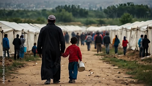 A Muslim father and son, refugees fleeing war and social issues, holding hands amidst tents provided by international aid in the Middle East video animation photo