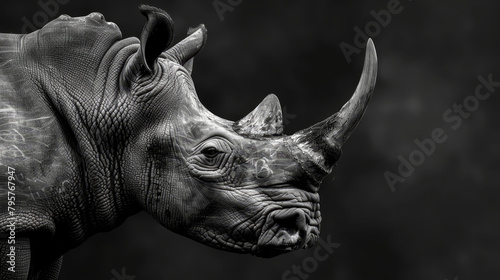   A black-and-white image of a rhino s head against a black backdrop bears handwritten text on its side