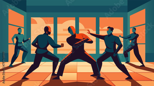 Silhouettes of sparring partners sharpening their reflexes fill the room as they engage in Defensive Tactics Training.