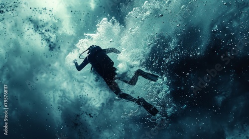Scuba Diver Immersed in the Serene Abyss, Bubbles and Light Dance in the Depths