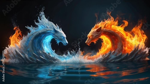 Mythical fire and ice beasts in a dynamic duel. Generative AI Video. photo