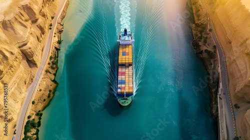 An image of a cargo ship navigating through the Suez Canal, captured from above with a clear, detailed view of the vessel and the narrow passage photo