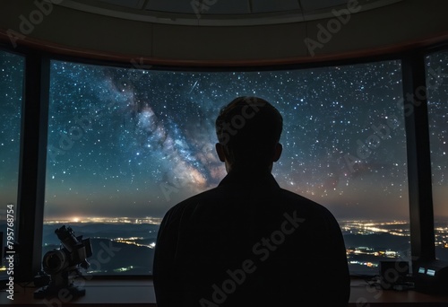 Silhouette of an astronomer contemplating the night sky in an observatory, surrounded by stars and the vast universe. photo