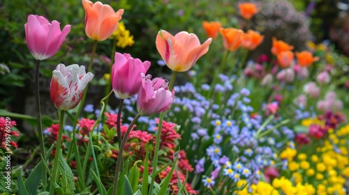 Colorful garden flowers near stone wall © 2rogan