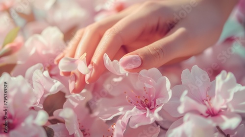 Glamour woman hand with trendy color nail polish manicure on fingers, touching light spring flower petals, close up for cosmetic advertising, feminine product, romantic atmosphere use.