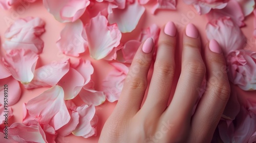 Glamour woman hand with trendy color nail polish manicure on fingers  touching light spring flower petals  close up for cosmetic advertising  feminine product  romantic atmosphere use.