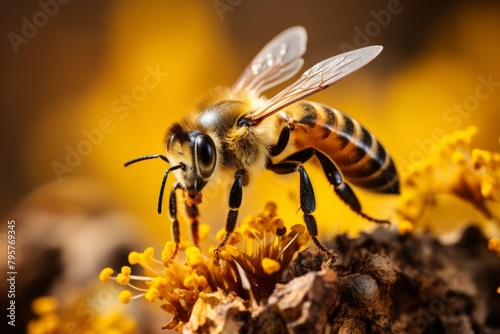 A busy honey bee pollinating a flower. Captured with a macro lens to show the intricate details of the bee and flower. Isolated on a blurred background.