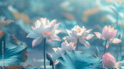 lotus flowers in nature  delicate pastel morning background pink and blue shades of tenderness and beauty of nature. fictional graphics.