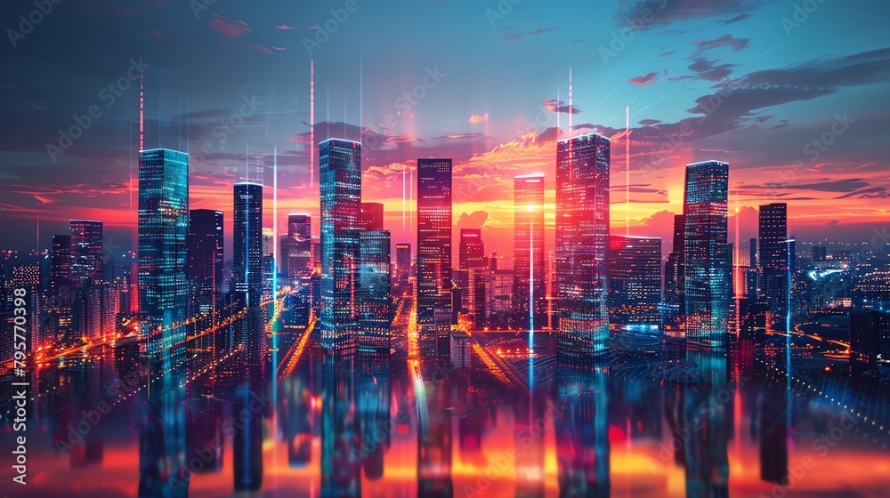 Fototapeta premium A digital painting of a cityscape at night. The colors are vibrant and the lights are glowing. The city is full of skyscrapers and the sky is a deep blue.