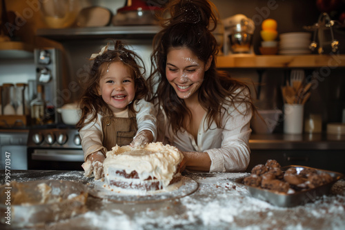 A mother and daughter baking a cake together in the kitchen, with flour-covered hands and frosting smeared on their faces, celebrating milestones and creating cherished memories. photo