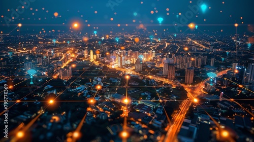 City lights at night with a glowing network of connections