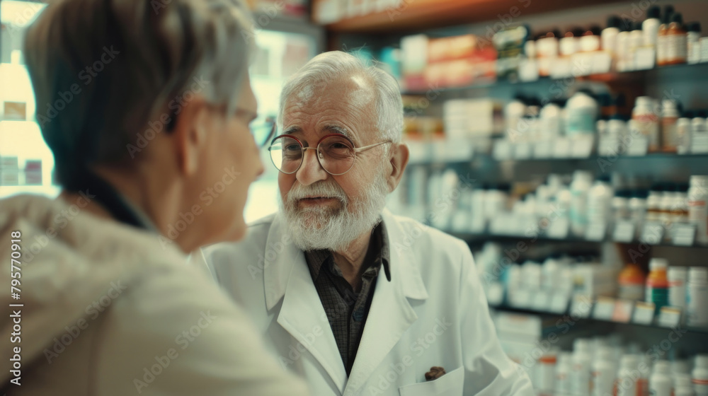 A pharmacist is speaking to a female customer at the counter of a pharmacy shop, discussing medications and healthcare products