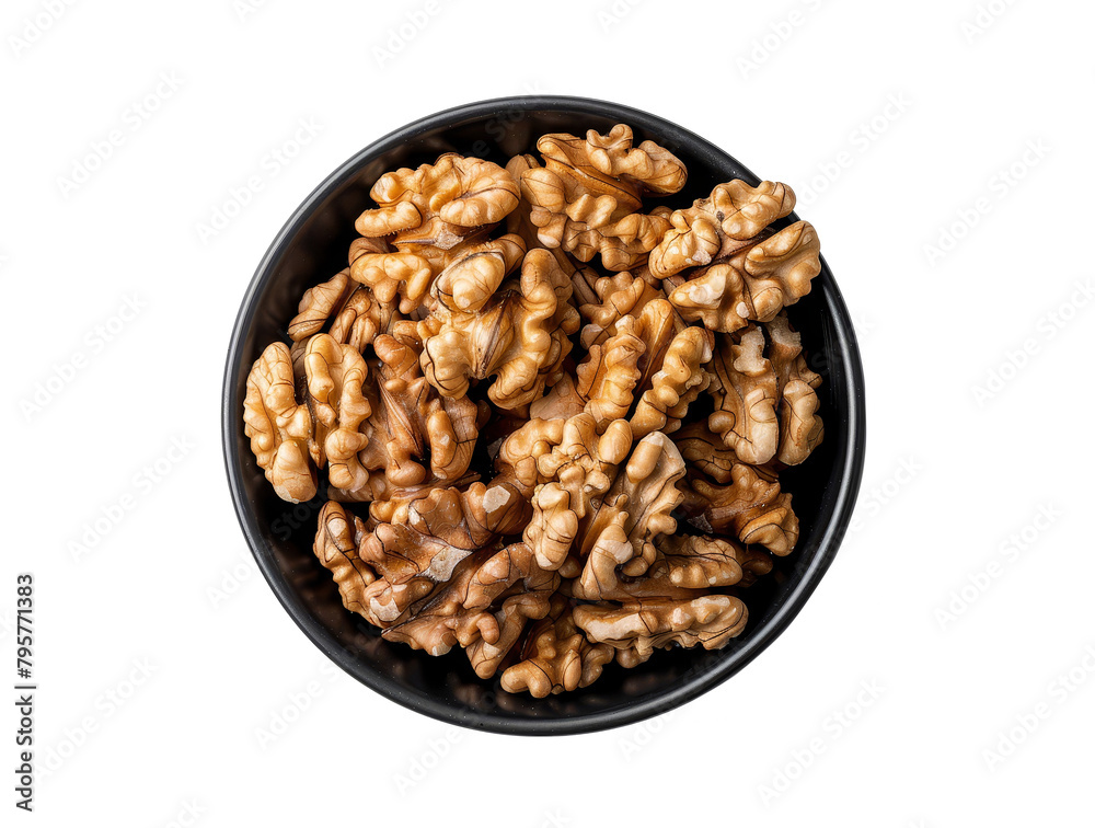 Bowl of walnuts isolated isolated on a transparent or white background., top view. Bowl of walnuts isolated isolated on a transparent or white background., top view.