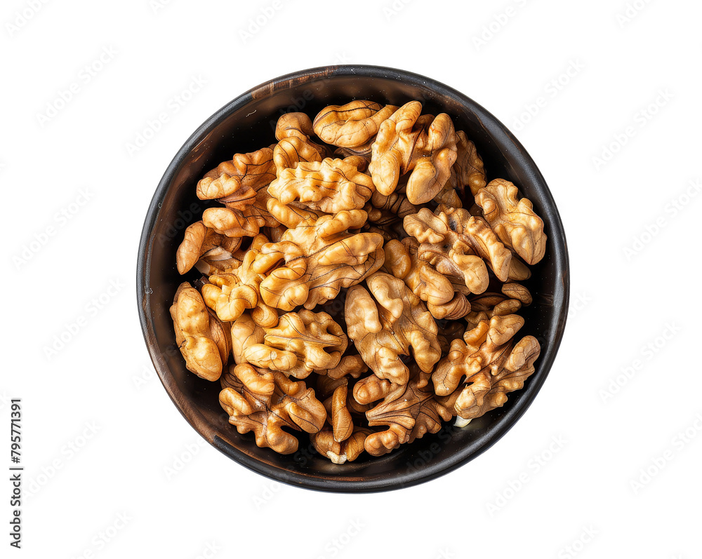 Bowl of walnuts isolated isolated on a transparent or white background., top view. Bowl of walnuts isolated isolated on a transparent or white background., top view.