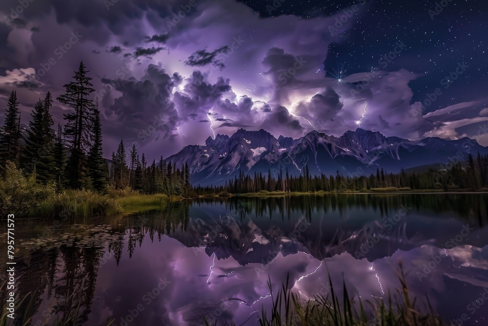 Mountain Majesty: Starry Night and Thunderstorm over the Peaks