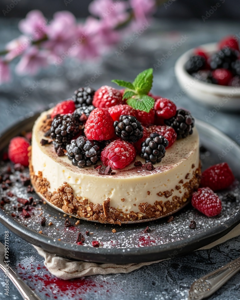 Raw vegetarian dessert, clean eating with a nobake cheesecake, natural sweetness , cinematic Raw vegetarian dessert, clean eating with a nobake cheesecake, natural sweetness , cinematic