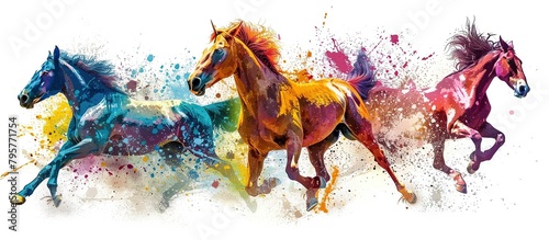 Watercolor horse painting, abstract drawing of a running paint splashed horse on white background.