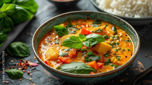 Light vegetarian curry, clean eating with coconut milk and seasonal veggies , cinematic photo