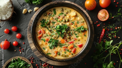 Light vegetarian curry, clean eating with coconut milk and seasonal veggies , cinematic photo