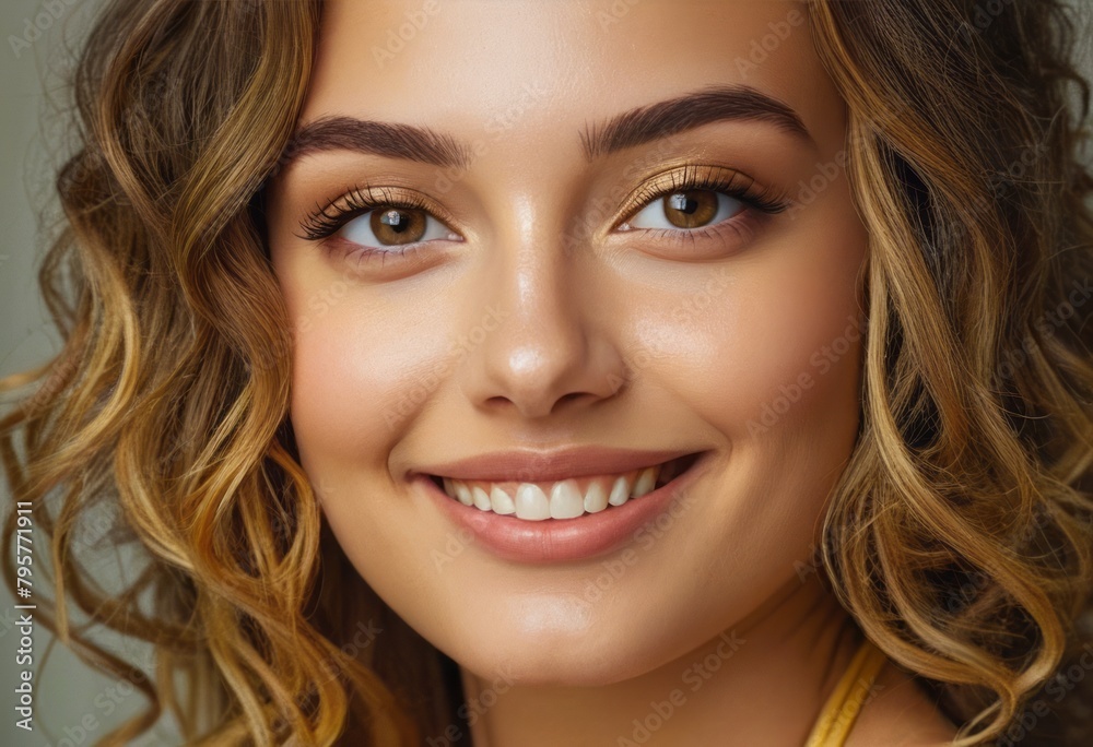 A smiling woman on a golden background. Her beauty is enhanced by her joyful expression. A smiling woman on a golden background. Her beauty is enhanced by her joyful expression.