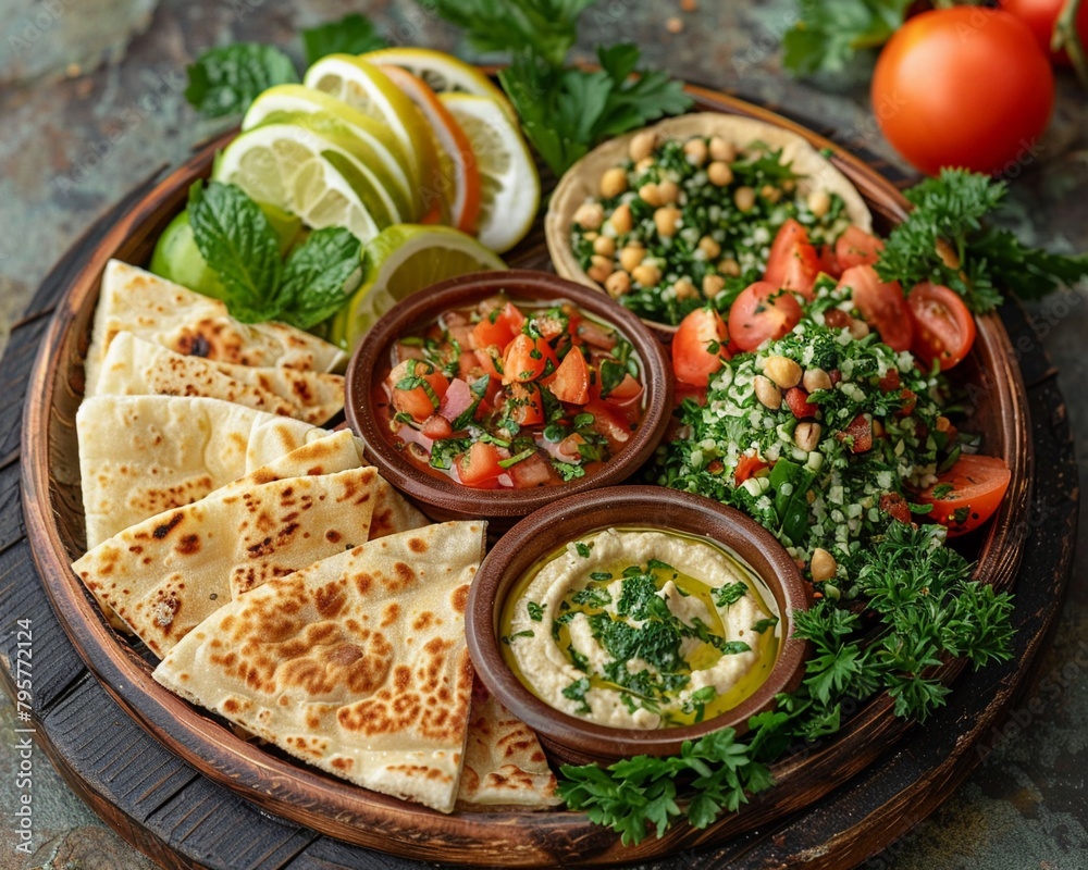 Vegetarian clean eating platter, hummus, tabbouleh, and fresh pita bread , cinematic Vegetarian clean eating platter, hummus, tabbouleh, and fresh pita bread , cinematic