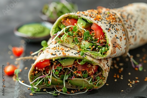 Vegetarian clean eating wrap, whole grain with avocado and sprouts, healthy lunch option , cinematic