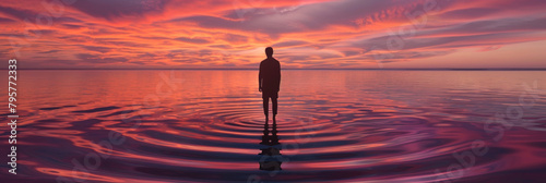 A person stands in the center of a vast body of water, surrounded by rippling waves under a cloudy sky photo