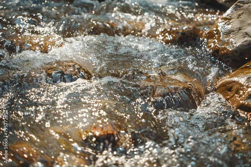 Detailed capture of light reflections on a bubbling stream, with sunlight creating sparkling and shimmering effects