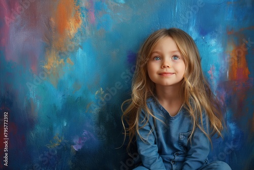 Small girl with blue eyes against art