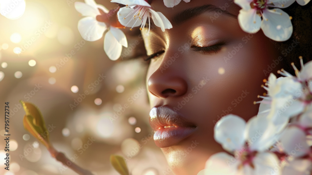 Fototapeta premium A woman with flowers in her hair is standing as the wind blows, causing her hair and the flowers to flutter around her
