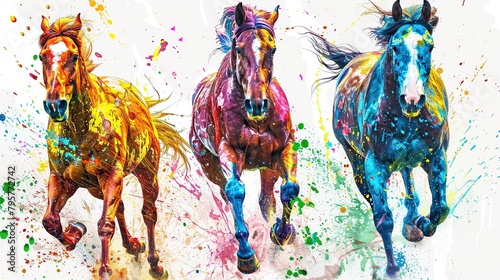 Three horses running on white background. Horse painting using watercolor.