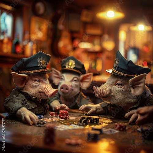 a group of 5 pigs dressed in police clothing and peaked hats, playing poker in a bar, photography, dslr , bokeh, 35mm, Job ID: 35a70f61-83c3-4d69-9596-4f1ffc31f9e8 photo