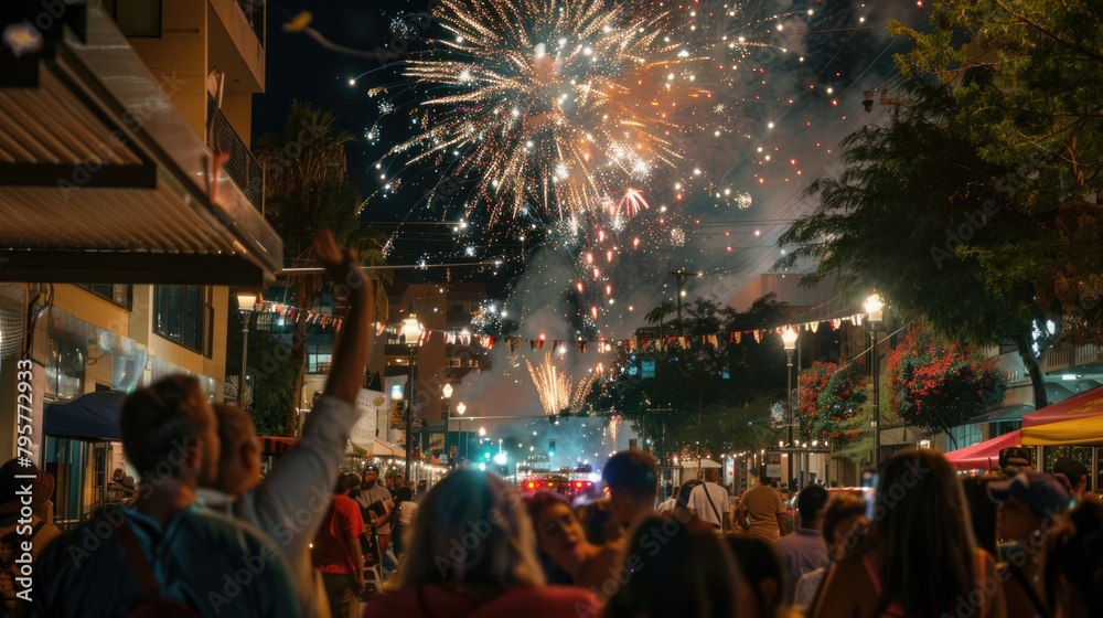 A large crowd of people standing together in anticipation, gazing up at a colorful fireworks display lighting up the night sky A large crowd of people standing together in anticipation, gazing up at a colorful fireworks display lighting up the night sky