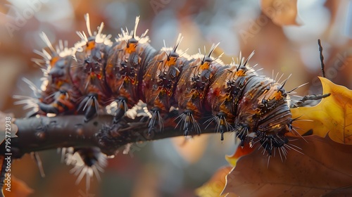Detailed shot of a caterpillar on a branch, focusing on its segments and hairs, with a muted background of autumn leaves.