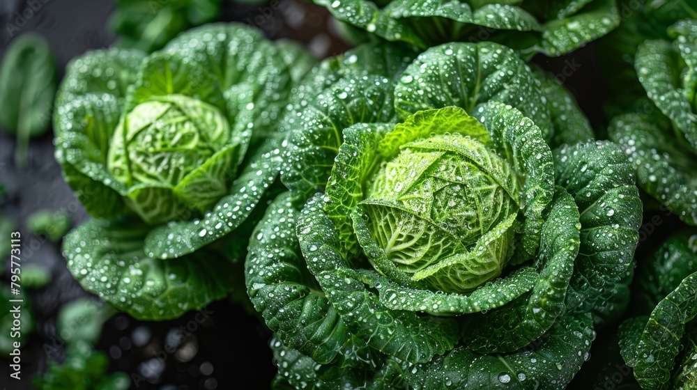 A tight shot of lush green lettuce leaves, dotted with water droplets, surrounded by more moist leaves A tight shot of lush green lettuce leaves, dotted with water droplets, surrounded by more moist leaves