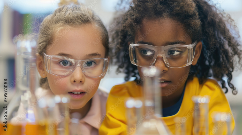 Two adolescent girls wearing glasses are examining test tubes closely in a laboratory setting Two adolescent girls wearing glasses are examining test tubes closely in a laboratory setting
