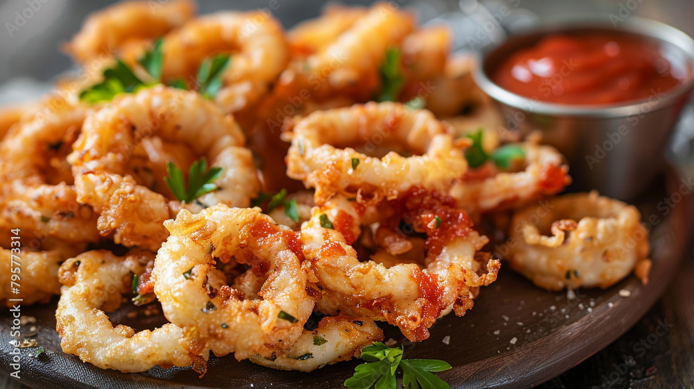 Calamari rings fried to perfection and served with marinara sauce on a platter. Calamari rings fried to perfection and served with marinara sauce on a platter.