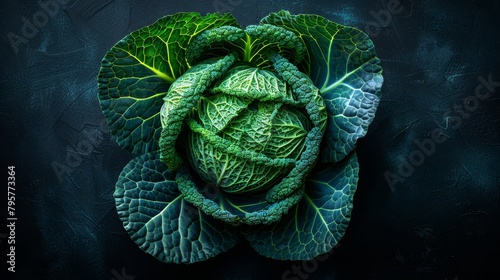 A tight shot of a lettuce head against a black backdrop, featuring a central green leafy plant