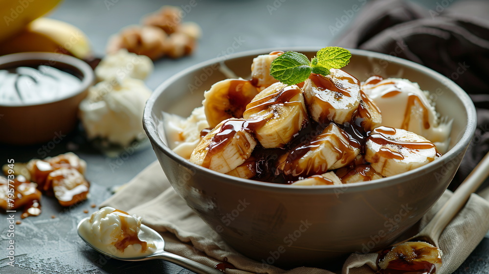 Caramelized banana foster served over vanilla ice cream in a caramel sauce.