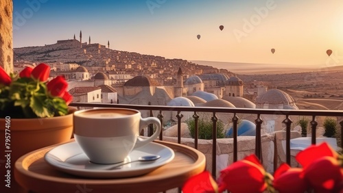 Traditional Turkish coffee on a balcony with the beautiful Turkish city of Cappadocia in the background, a cup of coffee or tea on a blurred background of an evening Turkish city with balloons photo