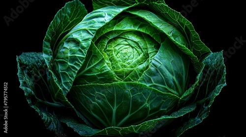   A tight shot of a lettuce head against a black backdrop, with the central leaf in sharp focus photo
