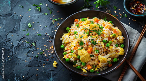 Cauliflower fried rice with carrots, peas, scrambled egg, and soy sauce. photo