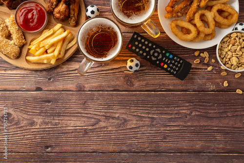 An inviting display of game day snacks including fries, chicken wings, onion rings, and beer, arranged neatly next to a remote control and mini soccer balls photo