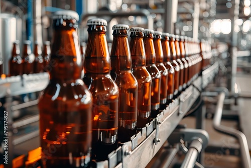 conveyor belt with glass brown beer bottles in a brewery production line industrial concept